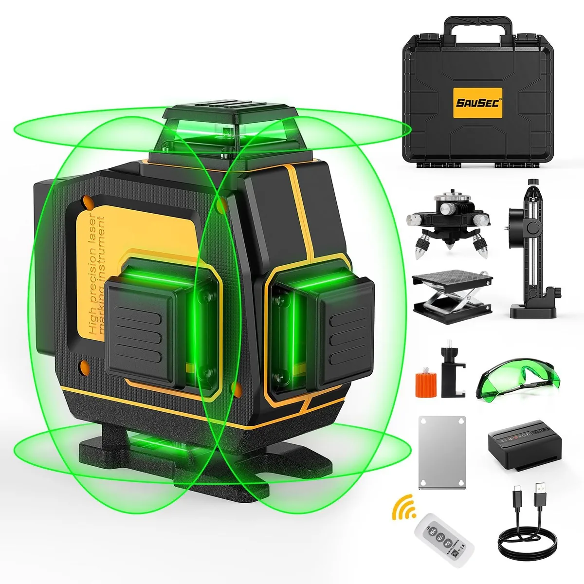 Green laser level in rubberised ABS housing with magnetic bracket and mini tripod