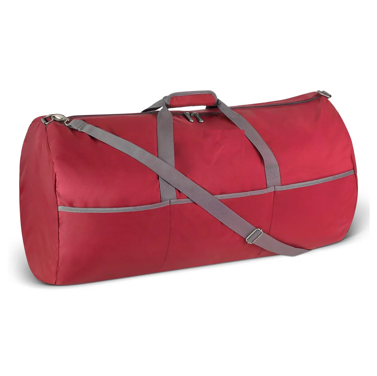 Red nylon duffel bag 32.4 inches long with zippered pockets