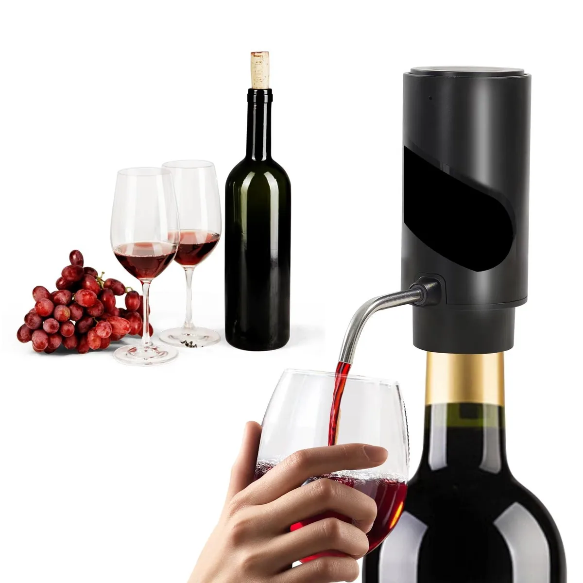 White automatic wine pourer with stainless steel tube and silicone accents, compact oval shape, USB-C charging port visible