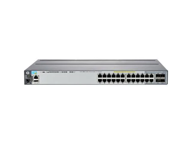 Silver rack-mount network switch with 24 front RJ-45 ports and module slots