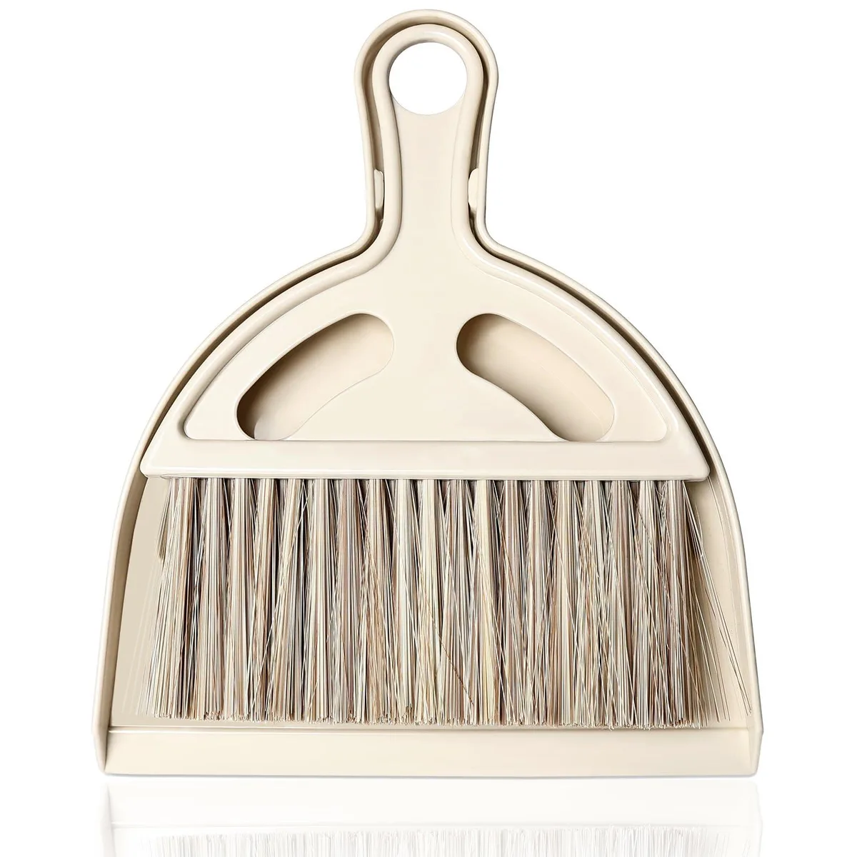 Compact mini broom and dustpan set, light plastic, snap-together handles with hanging holes, 7.9 by 6.5 inches