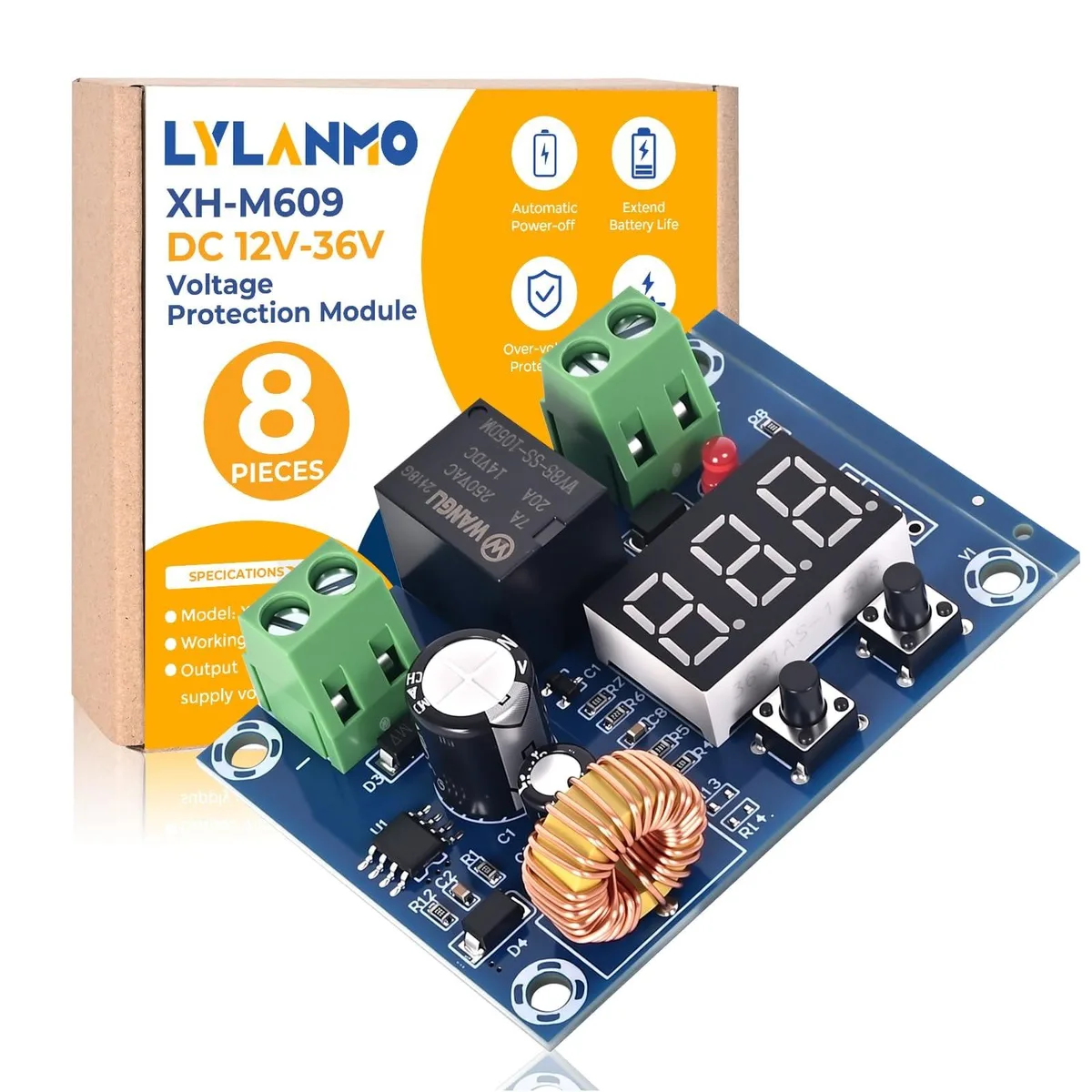 Small green circuit board with digital display and two buttons, 57 by 42 by 19 mm
