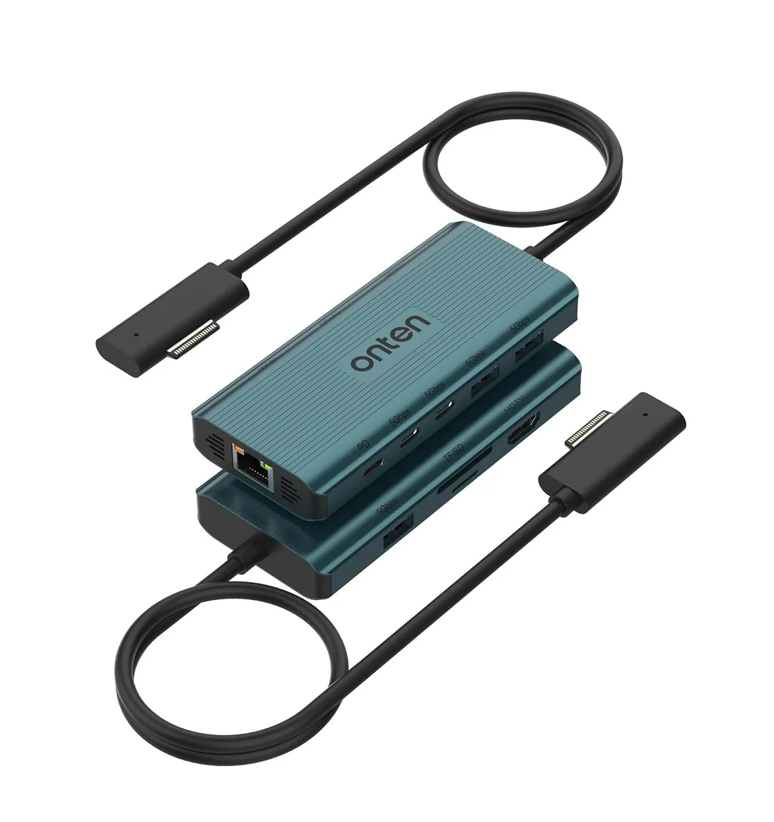 Compact rectangular docking station with matte dark finish and Surface Connect cable visible