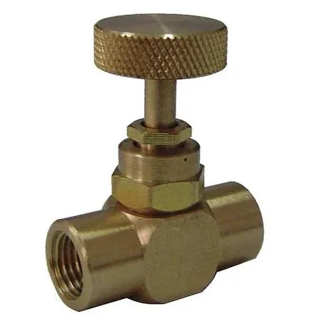 Brass needle valve with quarter-inch NPT ports and brass knob