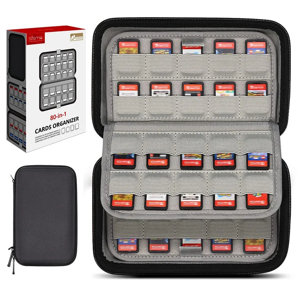 Black semi-hard EVA and 1680d Oxford case with four inner flaps holding 80 Switch or Vita cartridges in elastic pouches