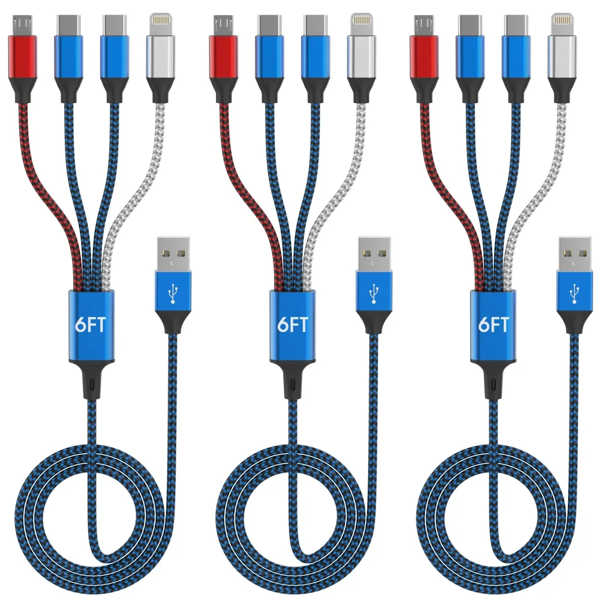 Three six-foot nylon braided cables with USB-A ends splitting to dual USB-C, Lightning and Micro USB connectors