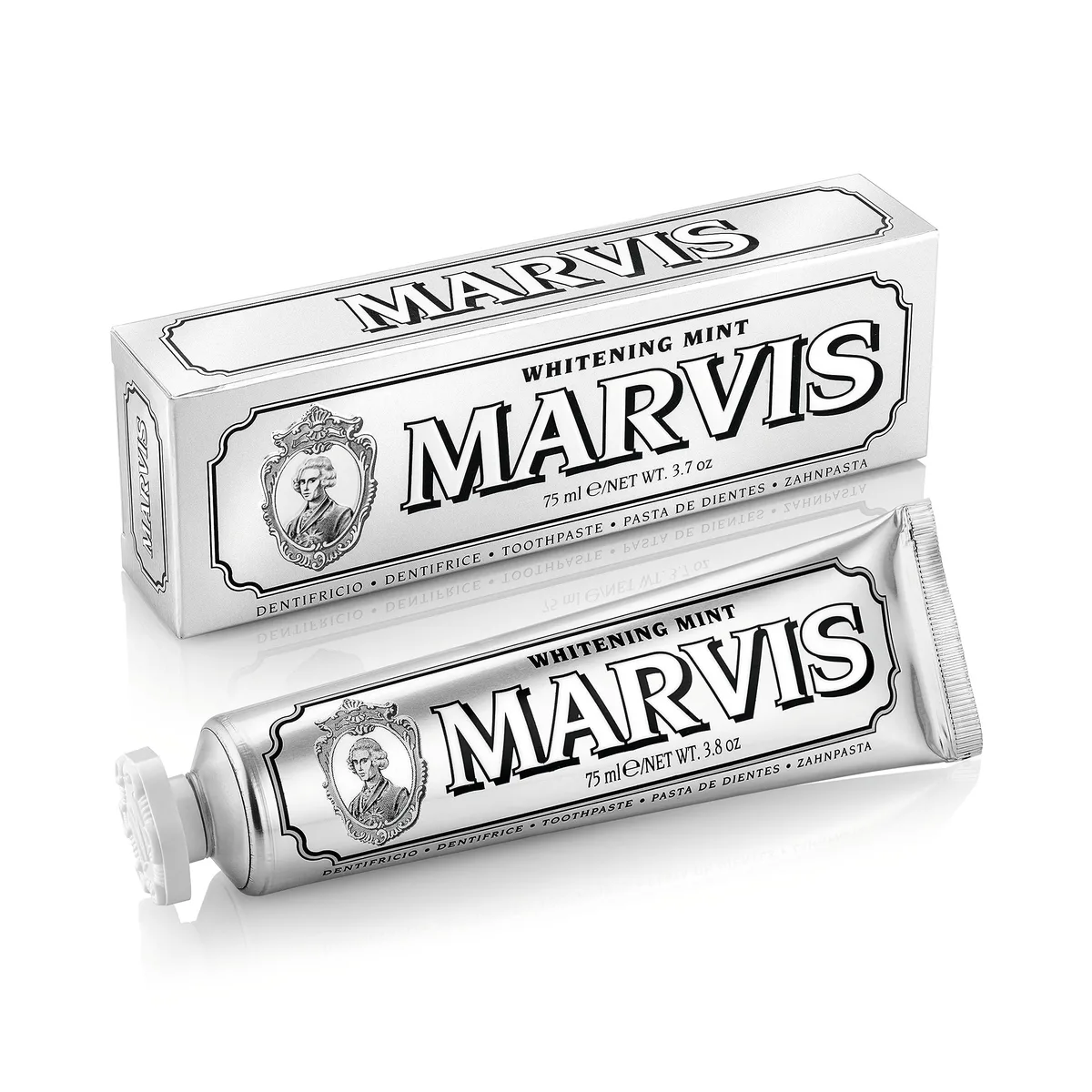 Silver aluminium tube with black cap and white text, standing upright