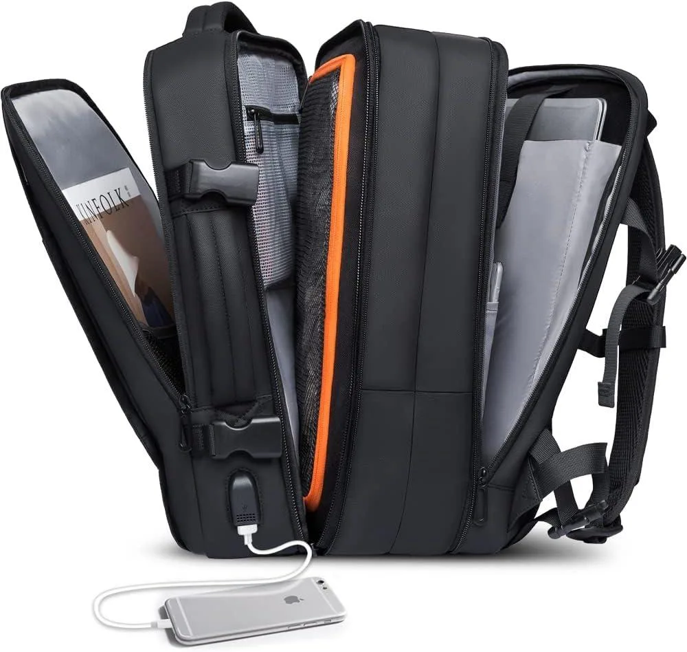 BFKK expandable travel backpack, waterproof finish, 17.3 inch laptop compartment