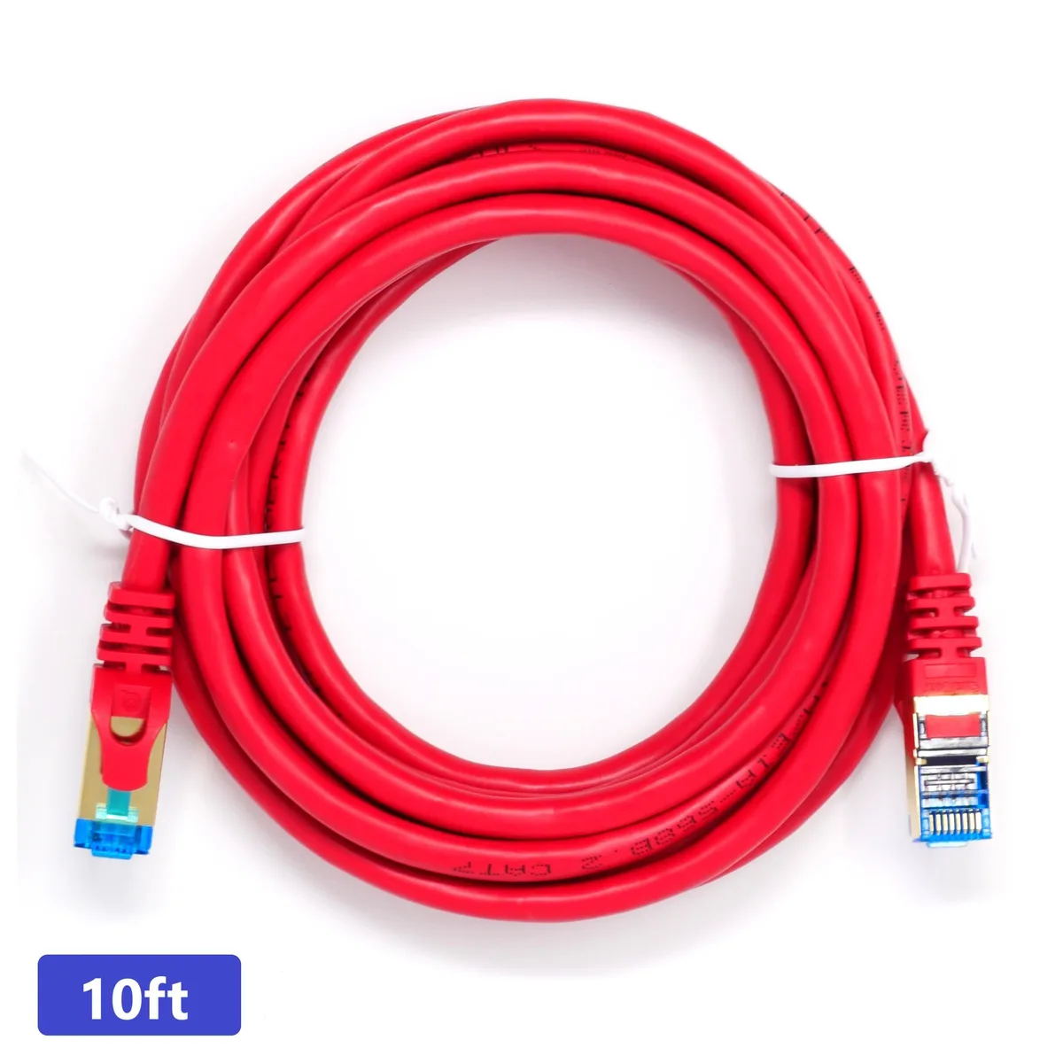 Red round Cat 7 Ethernet cable with RJ45 connectors, 10 ft length