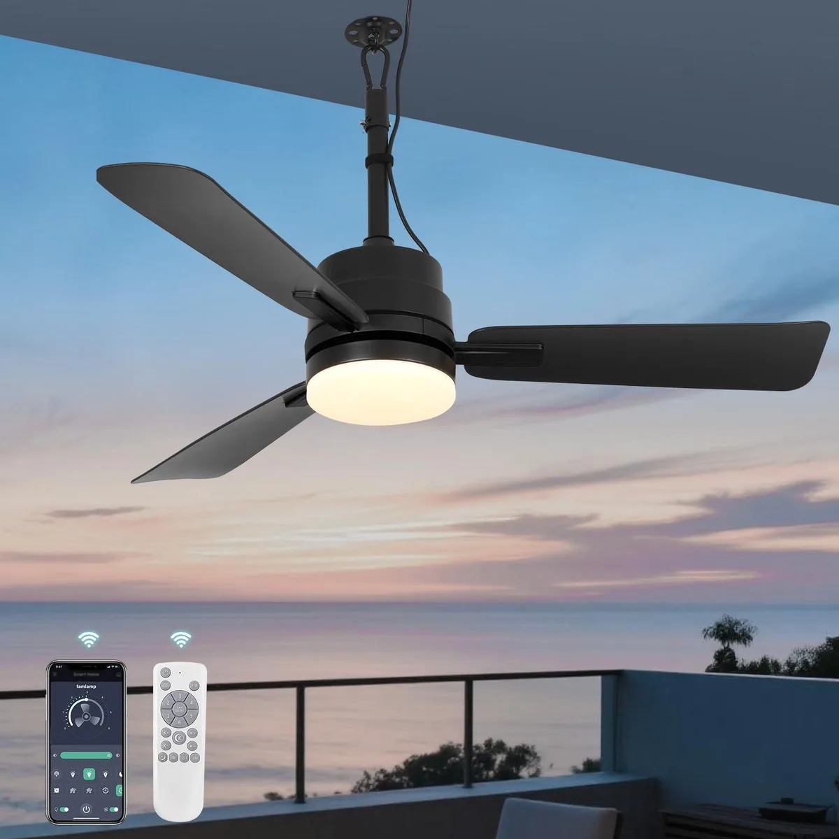 Matte black 42in ceiling fan with LED light kit and remote, plug-in design