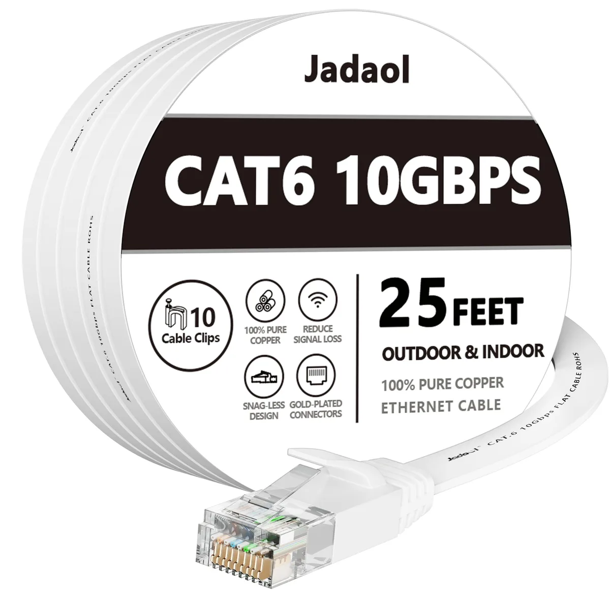 Jadaol Cat6 Flat Ethernet Cable 25 ft White 10Gbps 30 AWG — product photo