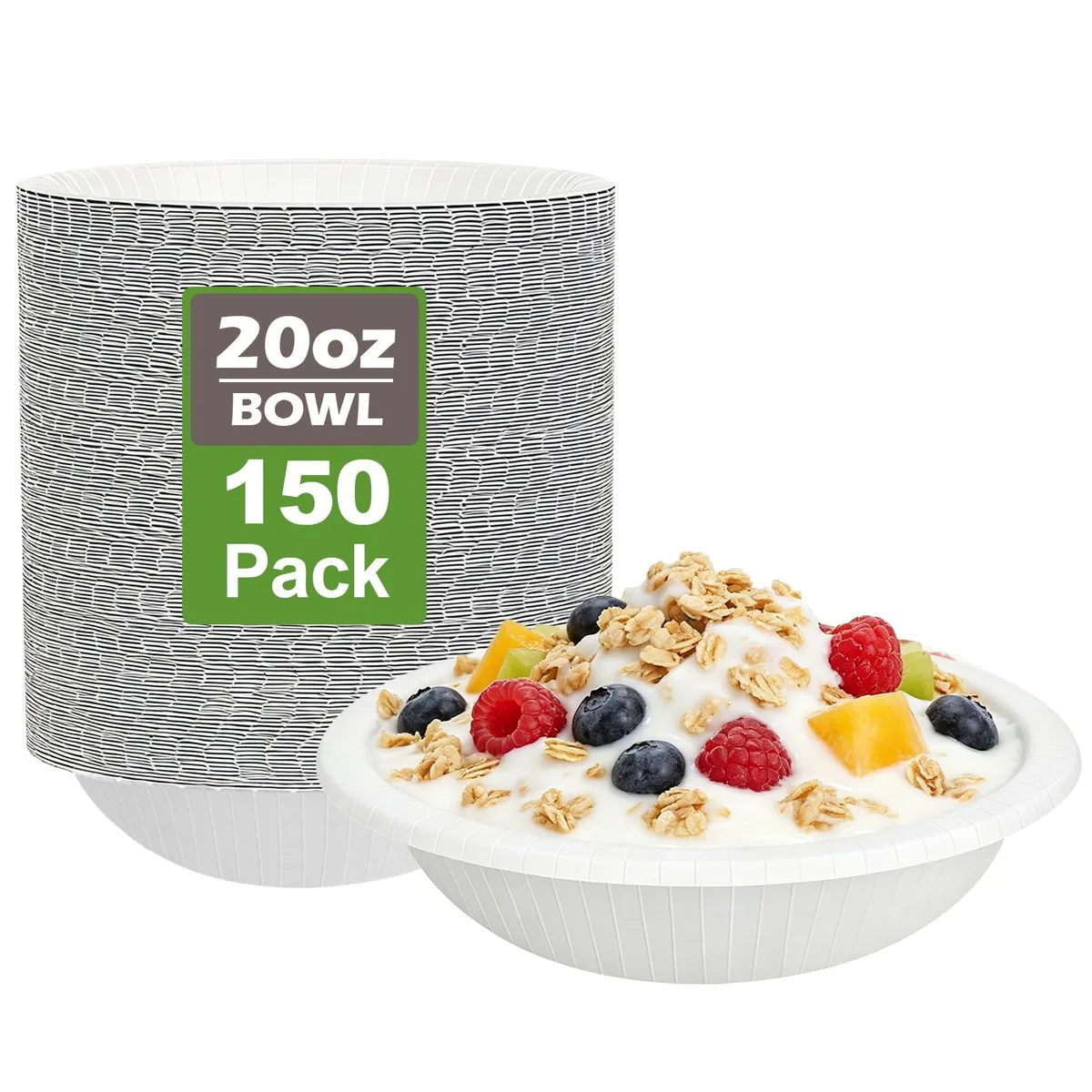 White round disposable paper bowls, 150 pack, 20 oz capacity