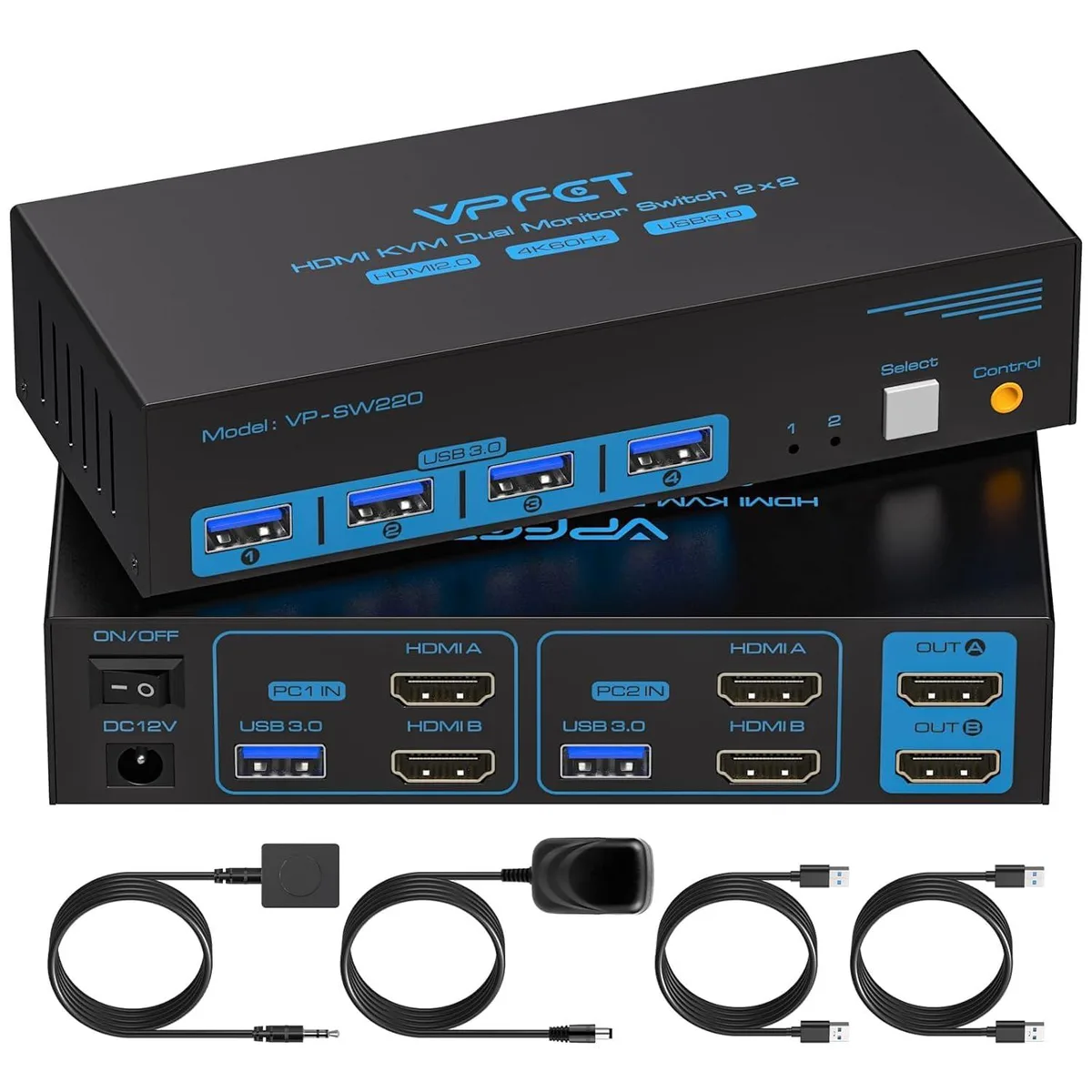 GCROWN GCROWN Dual Monitor KVM Switch 2 Port 4K@60Hz USB 3.0 — product photo