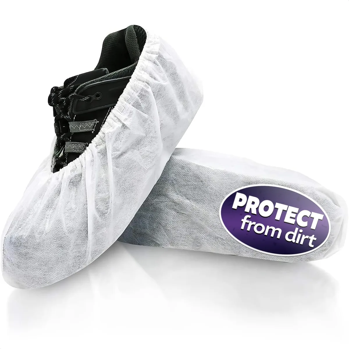 Box of 100 white non-woven shoe covers, 50 pairs, lightweight disposable booties