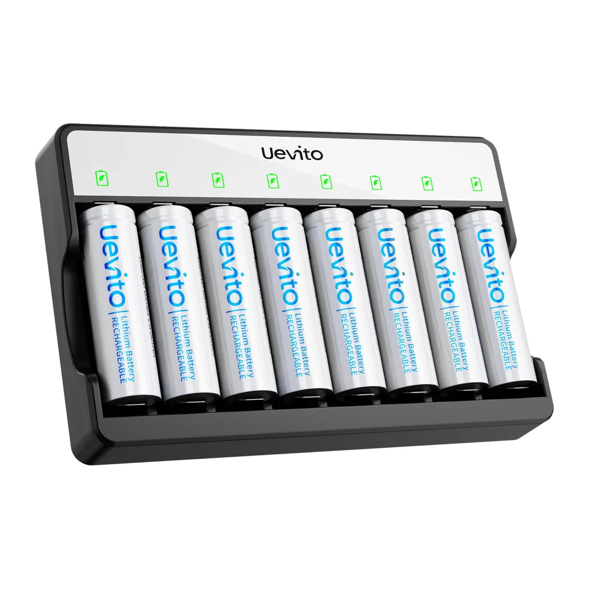  UEVITO 8-Pack 3600mWh AA Lithium Rechargeable Batteries with 8-Bay USB Charger — product photo