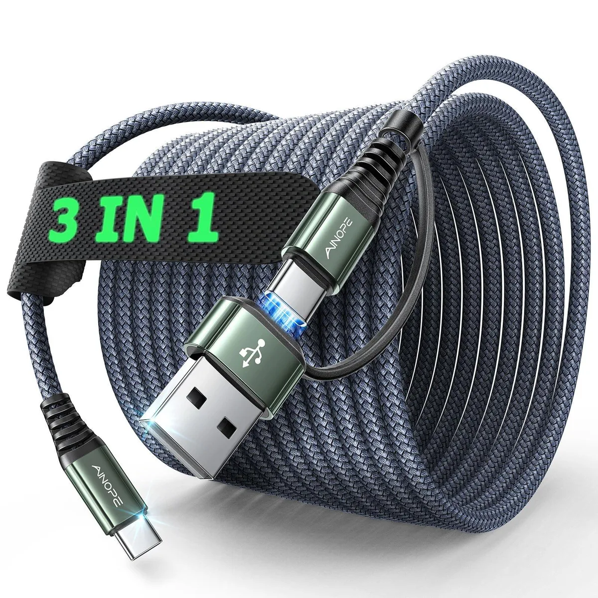 Orange braided USB-C cable with USB-A adapter, 16-foot length