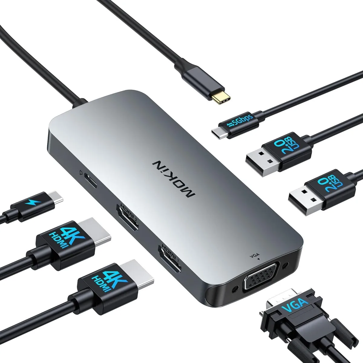 Compact black USB-C docking station with multiple ports on a short tethered cable