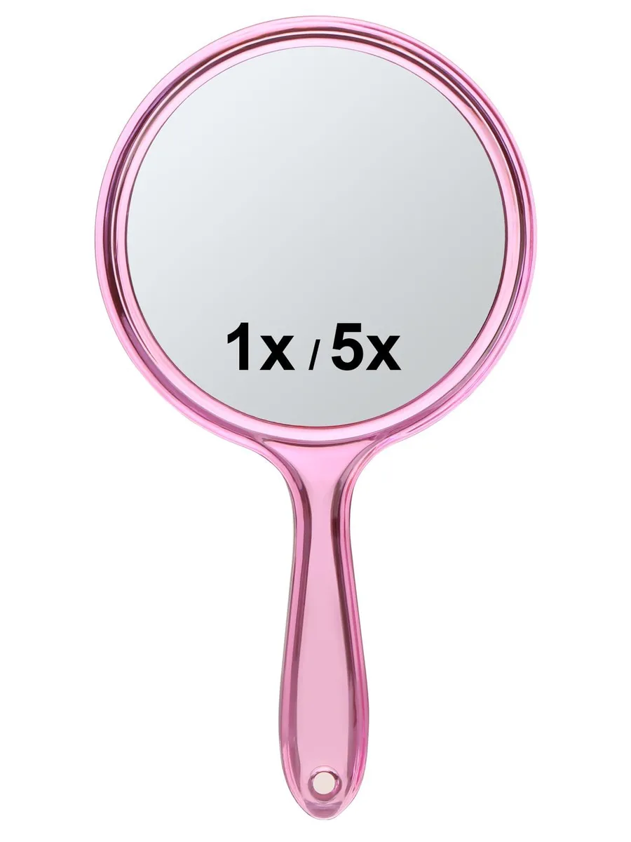 Pink double-sided round hand mirror with plastic frame and handle