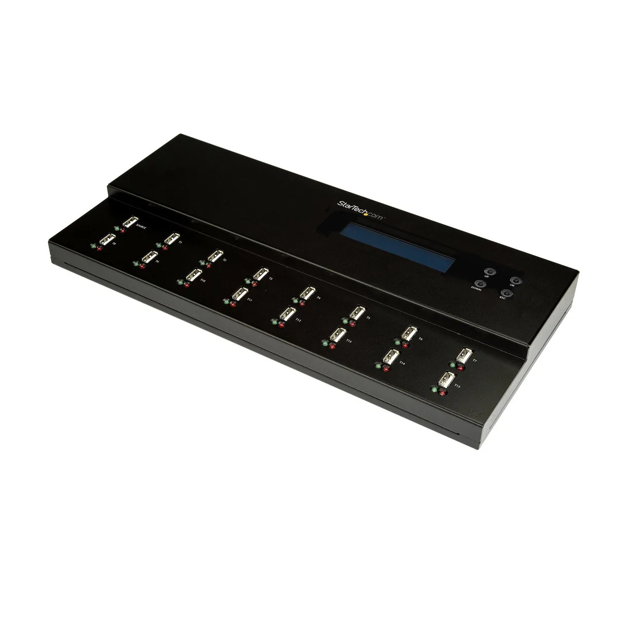 Black standalone USB duplicator with LCD screen and fifteen drive slots