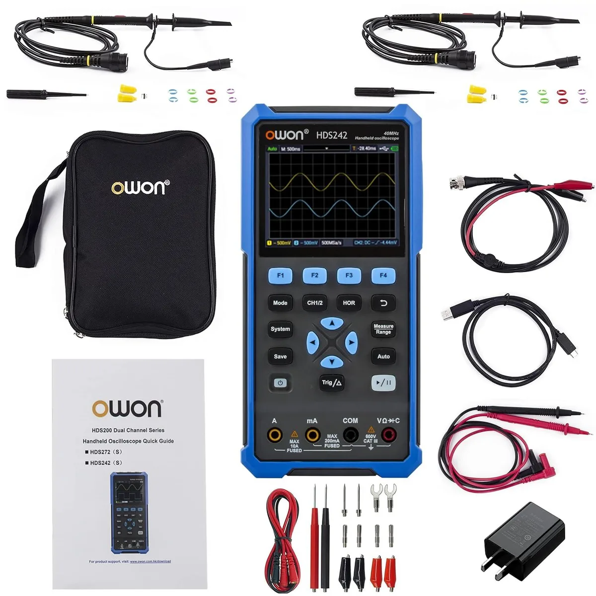 WUQ WUQ HDS242 40MHz 2CH Handheld Oscilloscope Multimeter 3.5 inch LCD 20000 count — product photo