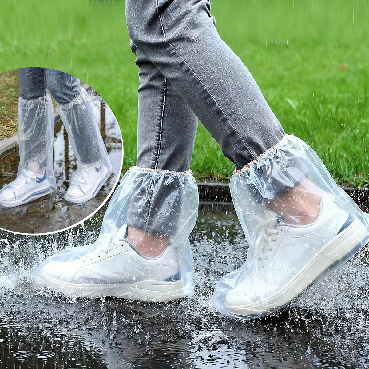 Transparent disposable shoe covers, 10 ankle and 2 knee-high pairs, textured plastic with elastic openings
