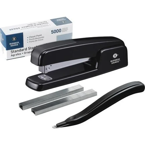 Black desktop stapler with soft grip, plus staples and remover in pack