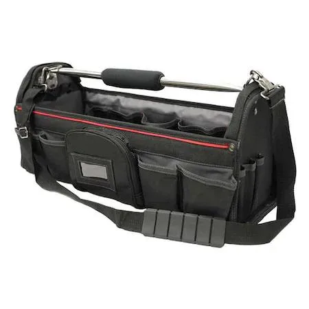 Black 600d polyester tool tote with padded handle and 23 pockets