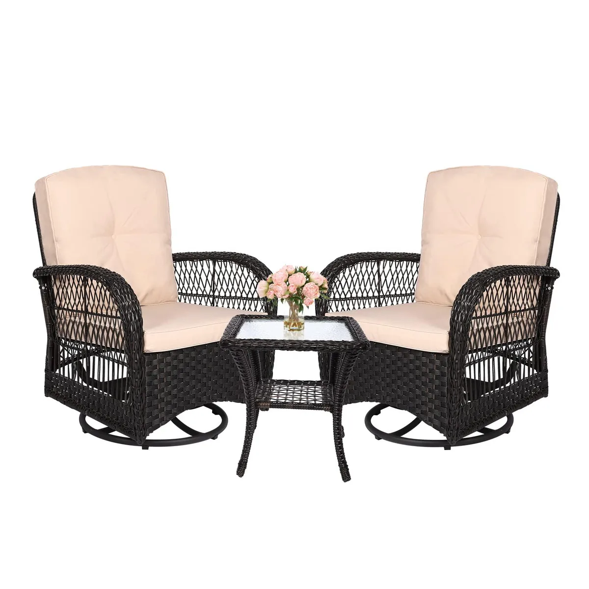 MEETWARM MEETWARM 3 Piece Wicker Swivel Rocker Patio Set Dark Brown — product photo