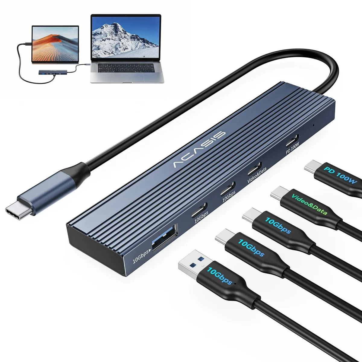 Compact aluminium USB-C hub with five ports and short cable