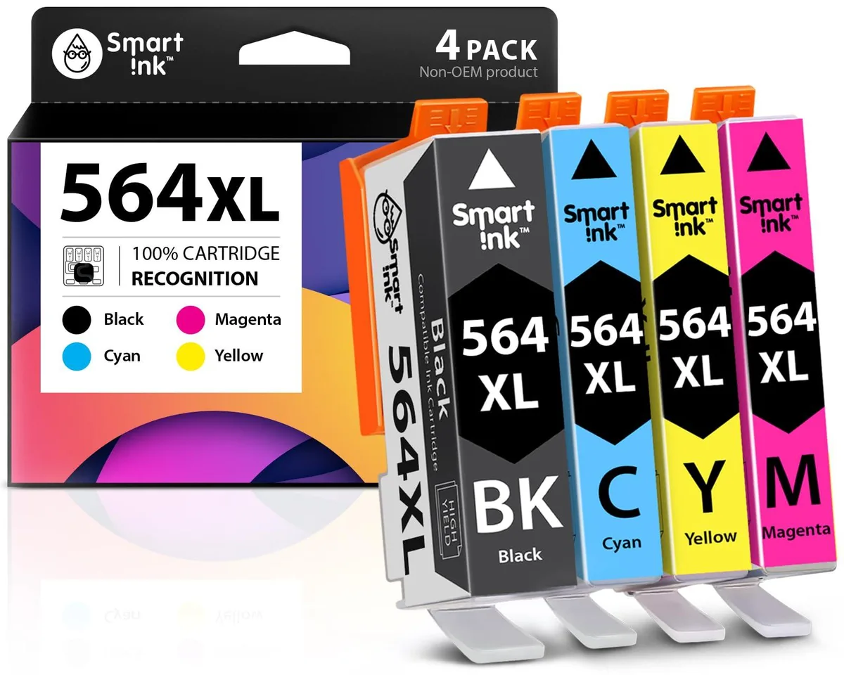 Four rectangular ink cartridges in black cyan magenta yellow standing side by side
