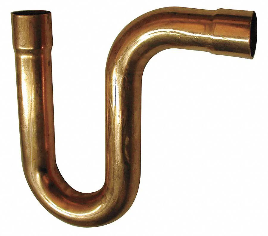 Copper P-trap fitting with two cup connections, smooth metallic finish