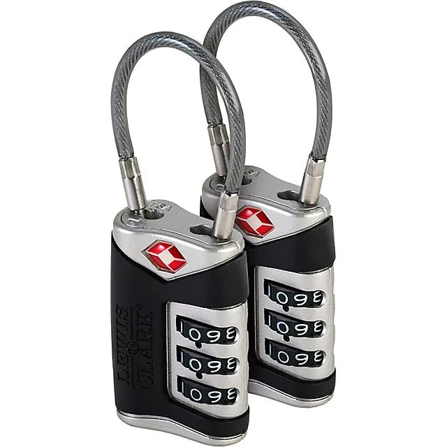 Two white TSA cable locks with three-dial combinations and zinc bodies