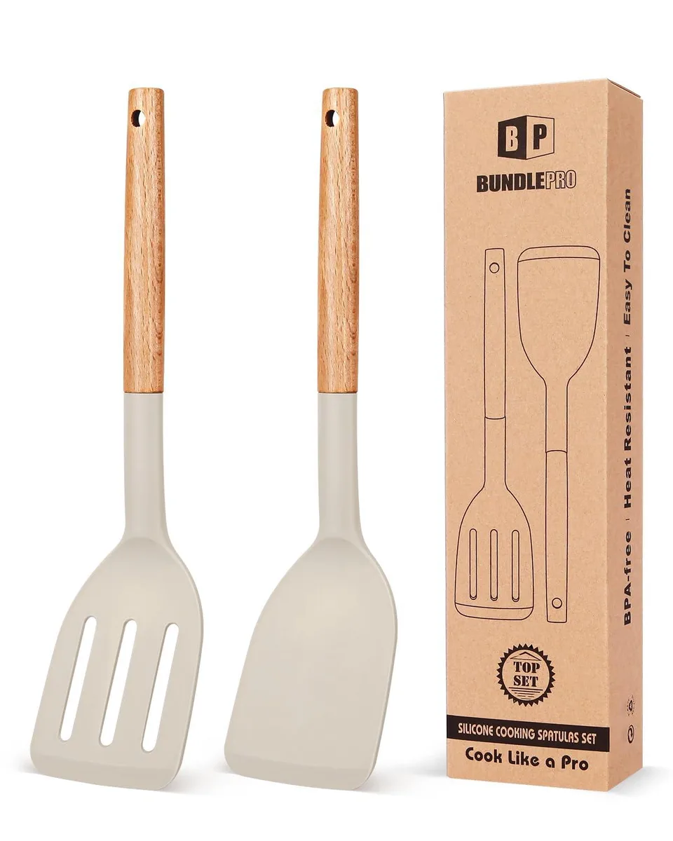 Two khaki silicone spatulas with short wooden handles, rectangular heads, 12.6 inches long