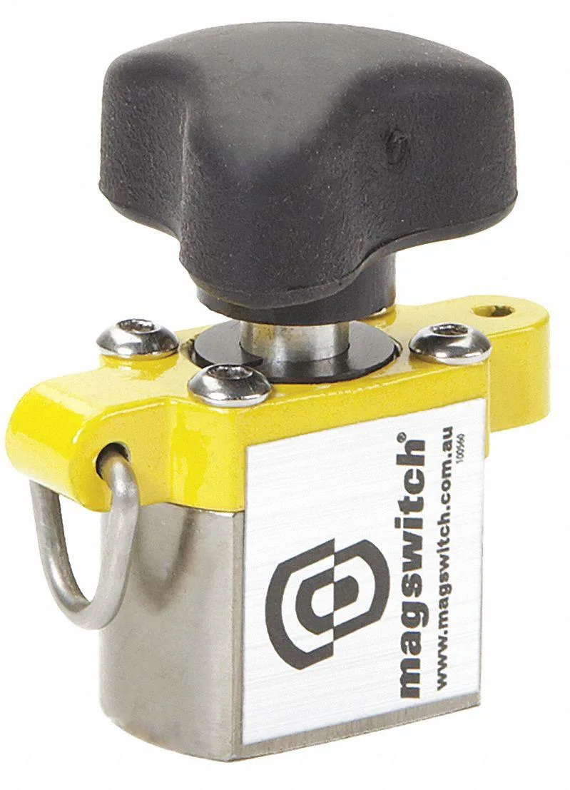 Compact yellow steel welding magnet with knob switch and keychain loop