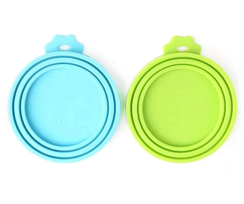 Blue silicone pet food can cover with three concentric rings and a pull tab