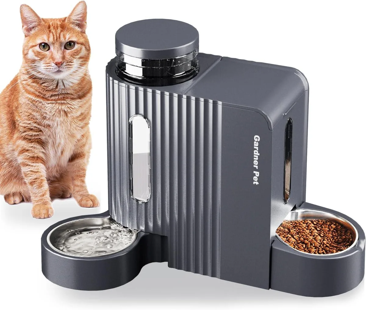 White plastic gravity feeder and water dispenser set with stainless steel bowls and transparent windows