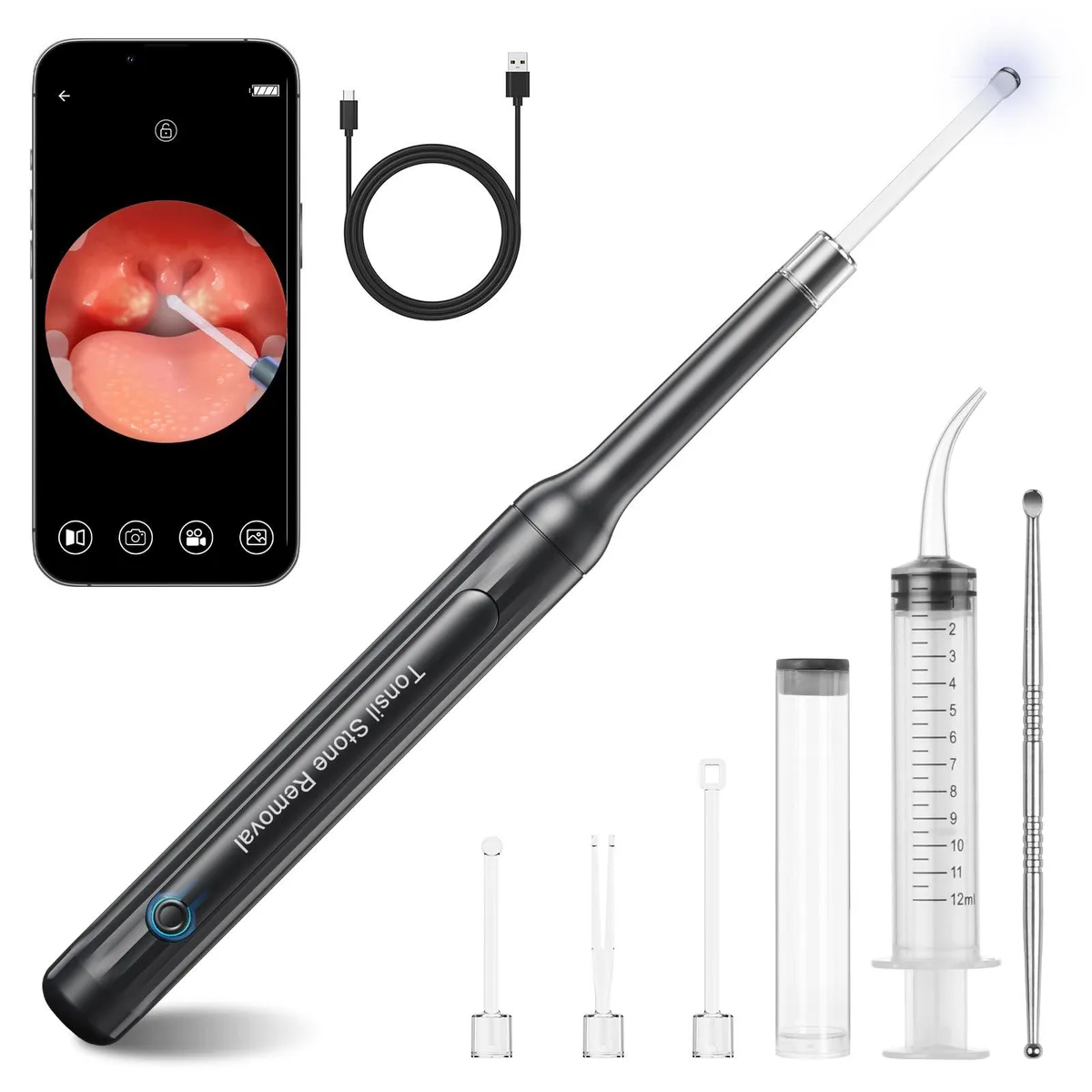 White pen-shaped oral care tool with camera lens and LED lights, stainless steel finish