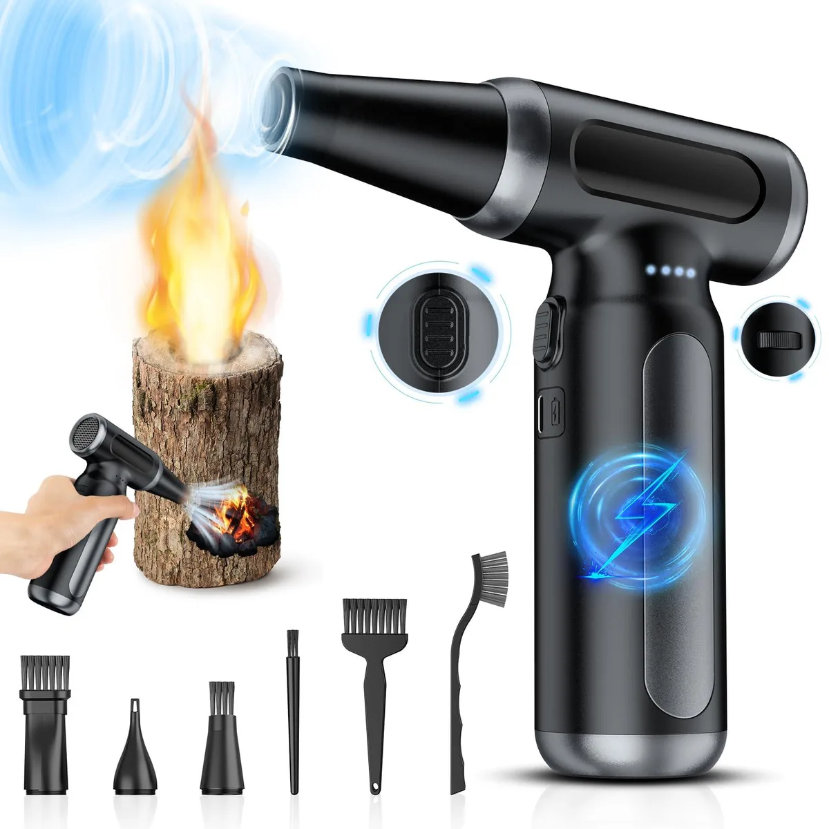 Black cordless electric air duster with nozzle and Type-C port