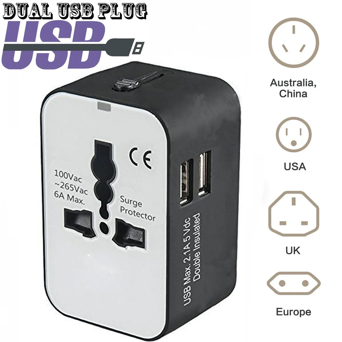 Jansicotek Jansicotek 202 straight blade plug dual USB 110-265V 6A 150+ countries — product photo