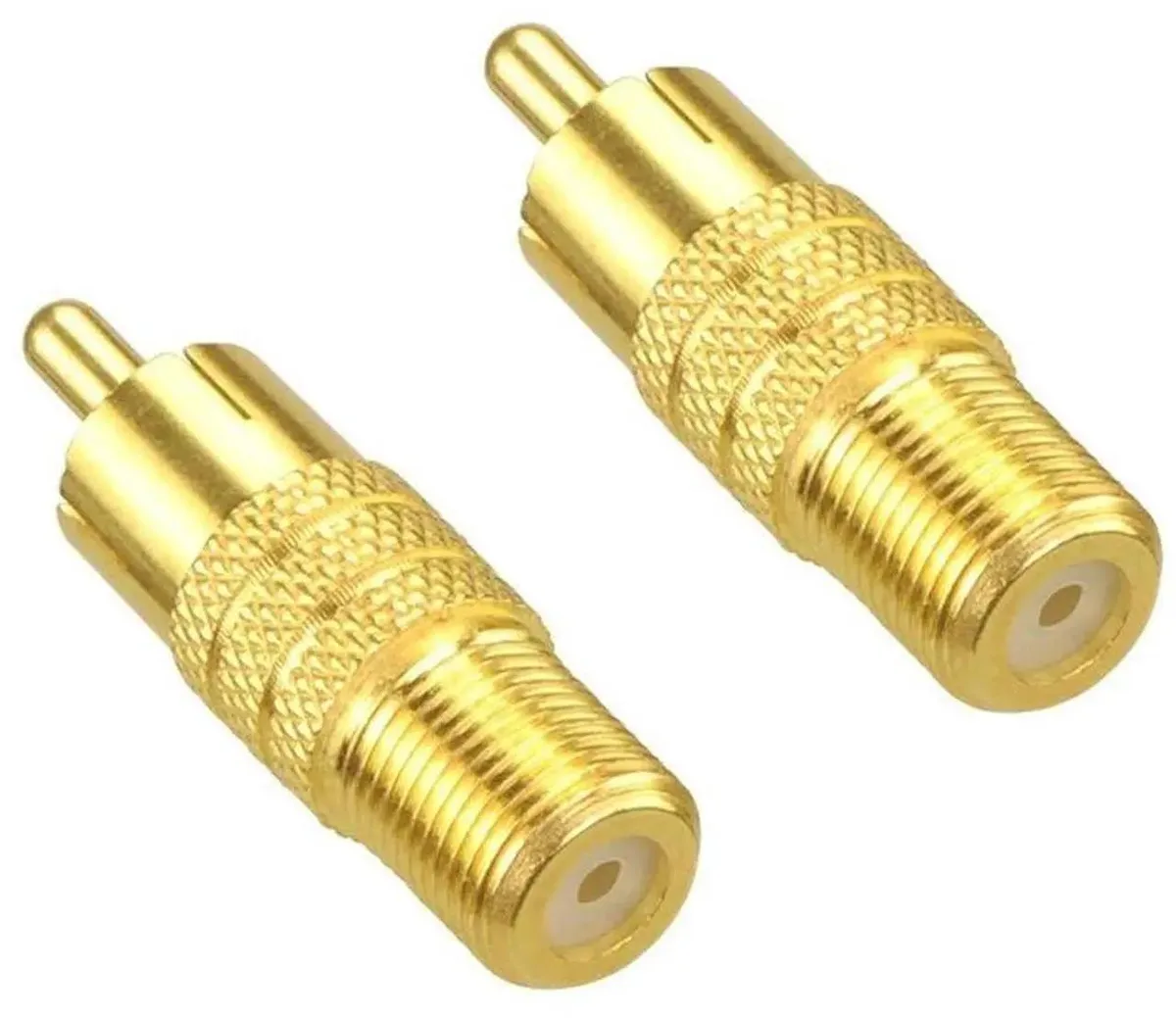 Two gold plated brass F-type female to RCA male adapters