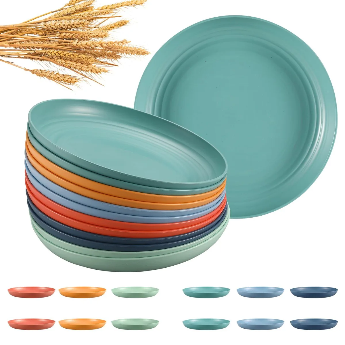 Twelve 10 inch round wheat straw plates in six colours, stacked