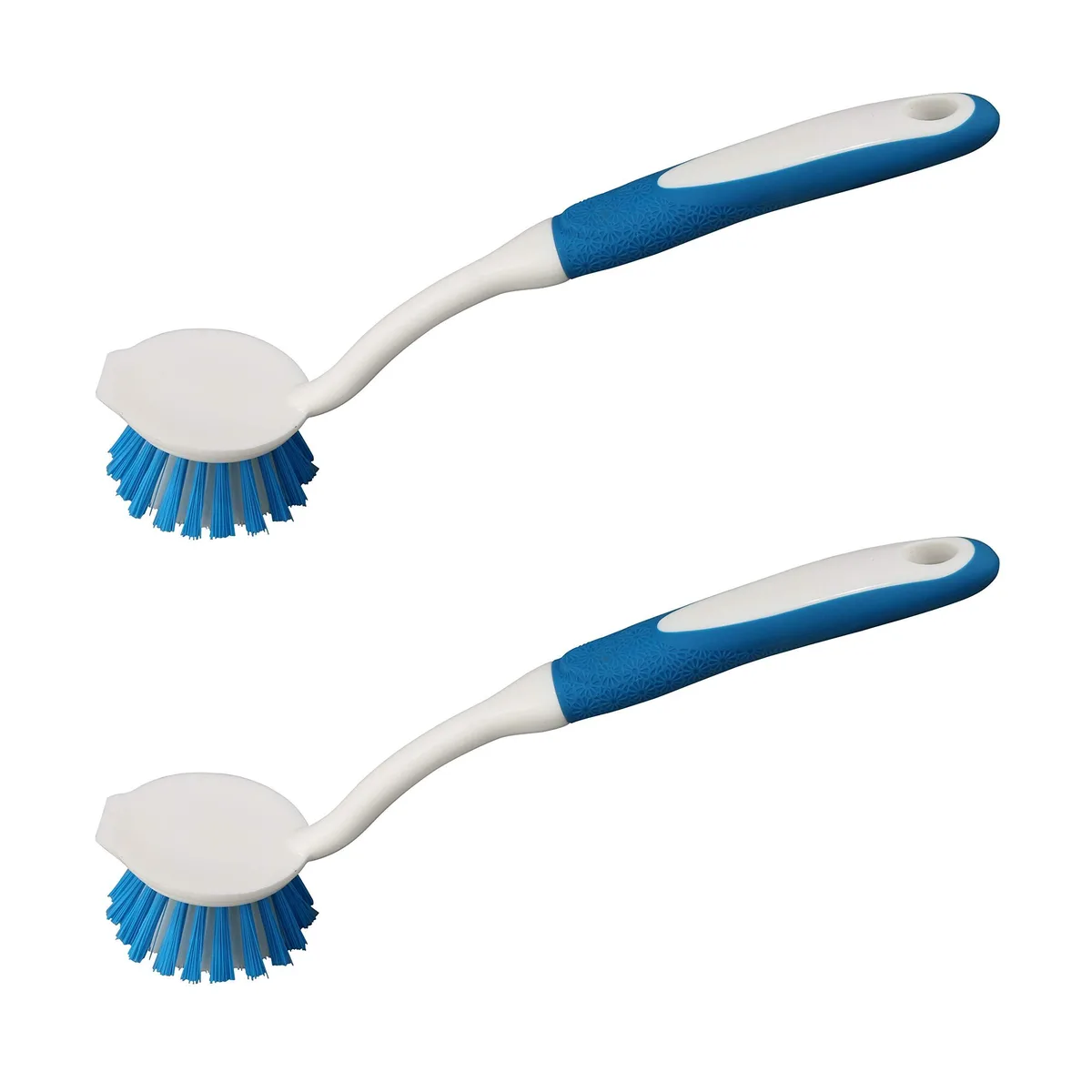 Two round nylon brush heads on long rubber handles with scraper edges and hang loops