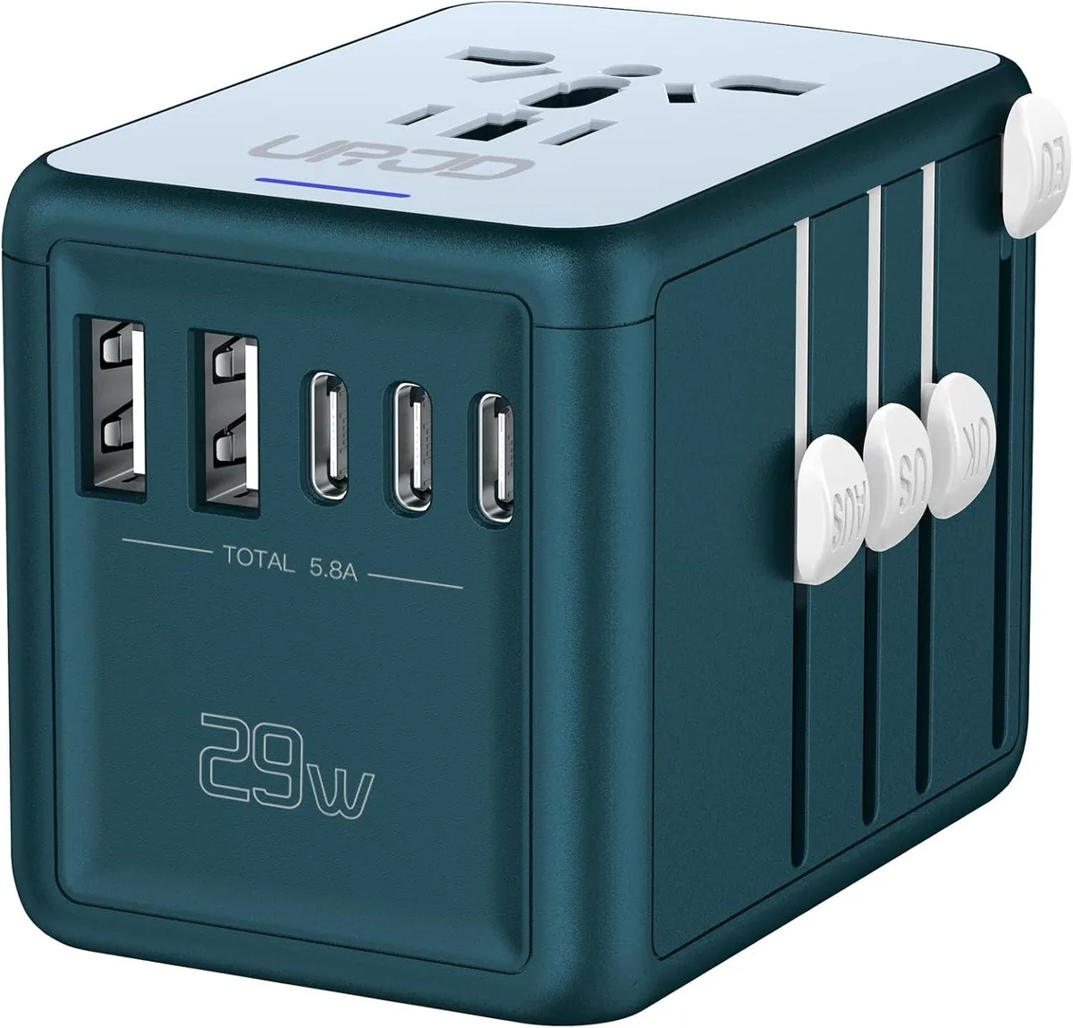 BFKK BFKK Universal Travel Adapter 5.8A 3×USB-C 2×USB-A straight blade plug — product photo