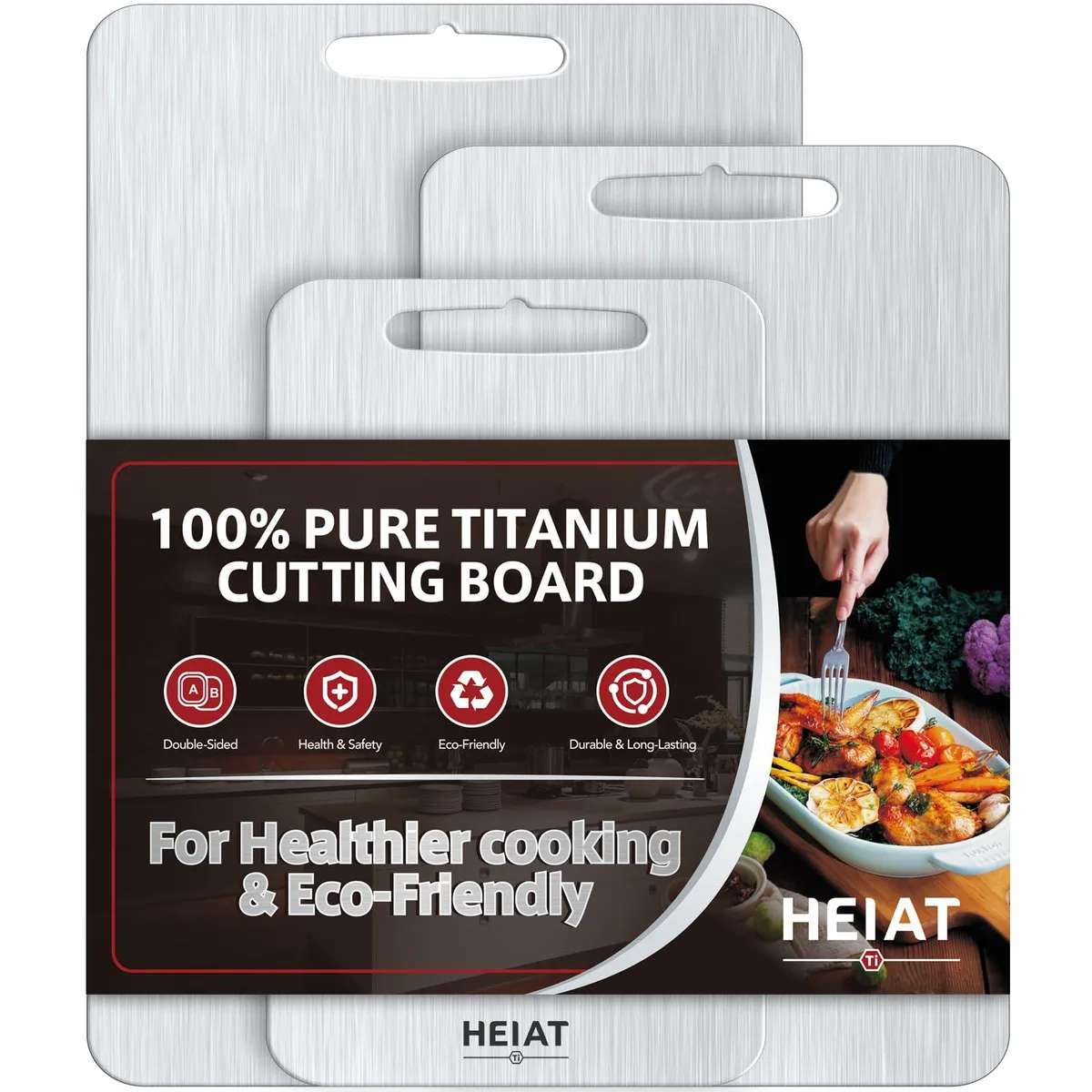 Three titanium cutting boards in sizes 16, 13 and 10.5 inches with handles