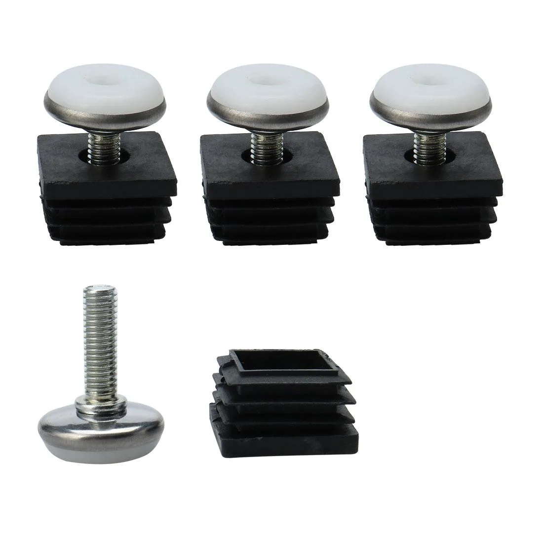 Four sets of M8 adjustable leveling feet with 30mm square tube inserts and plastic bases