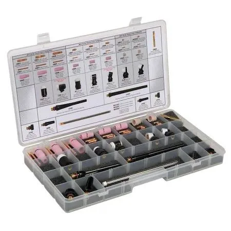 Open TIG accessory kit showing torch heads, nozzles, electrodes and wrench in foam insert