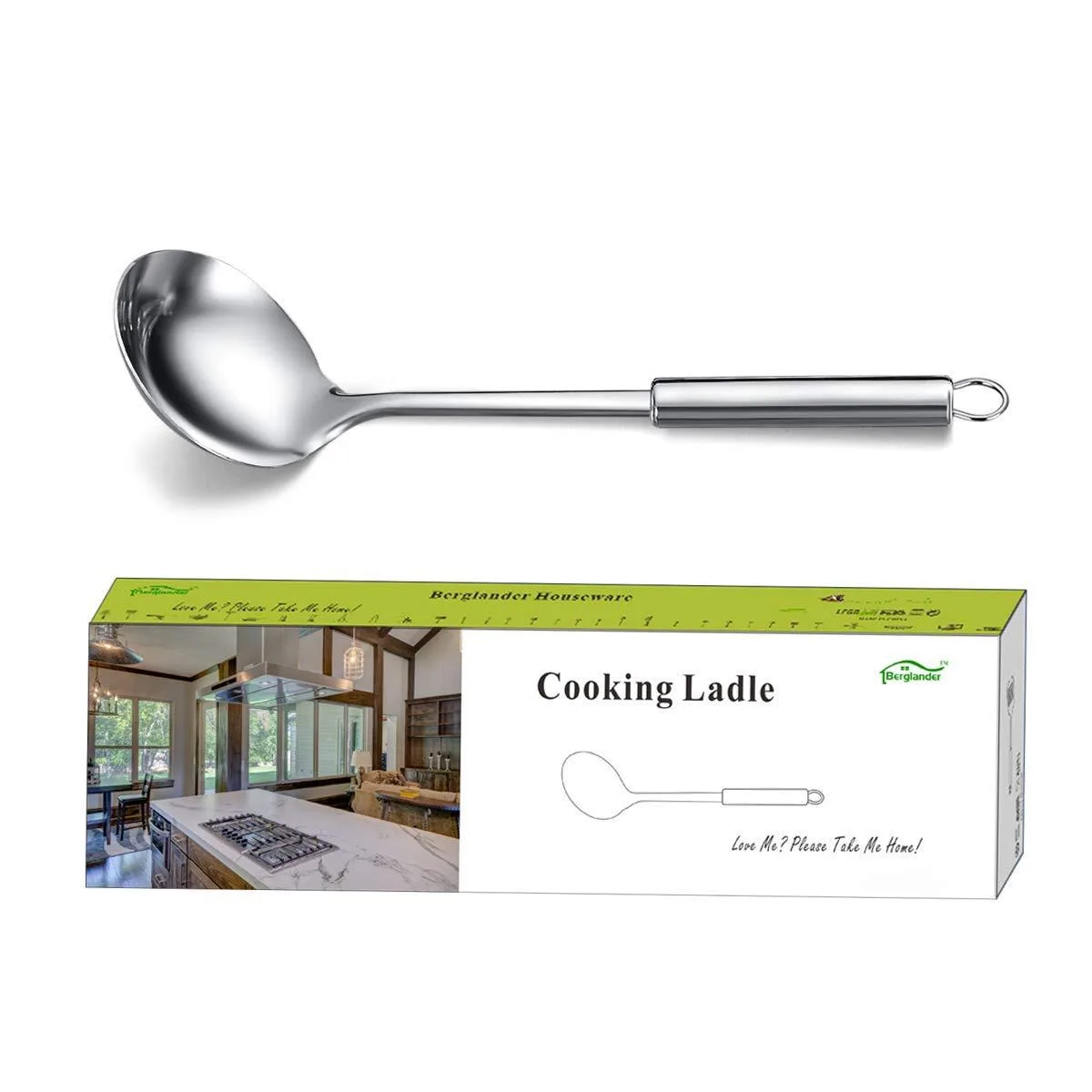 Silver stainless steel soup ladle with mirror-polished bowl and matte handle, 32.7914 cm long