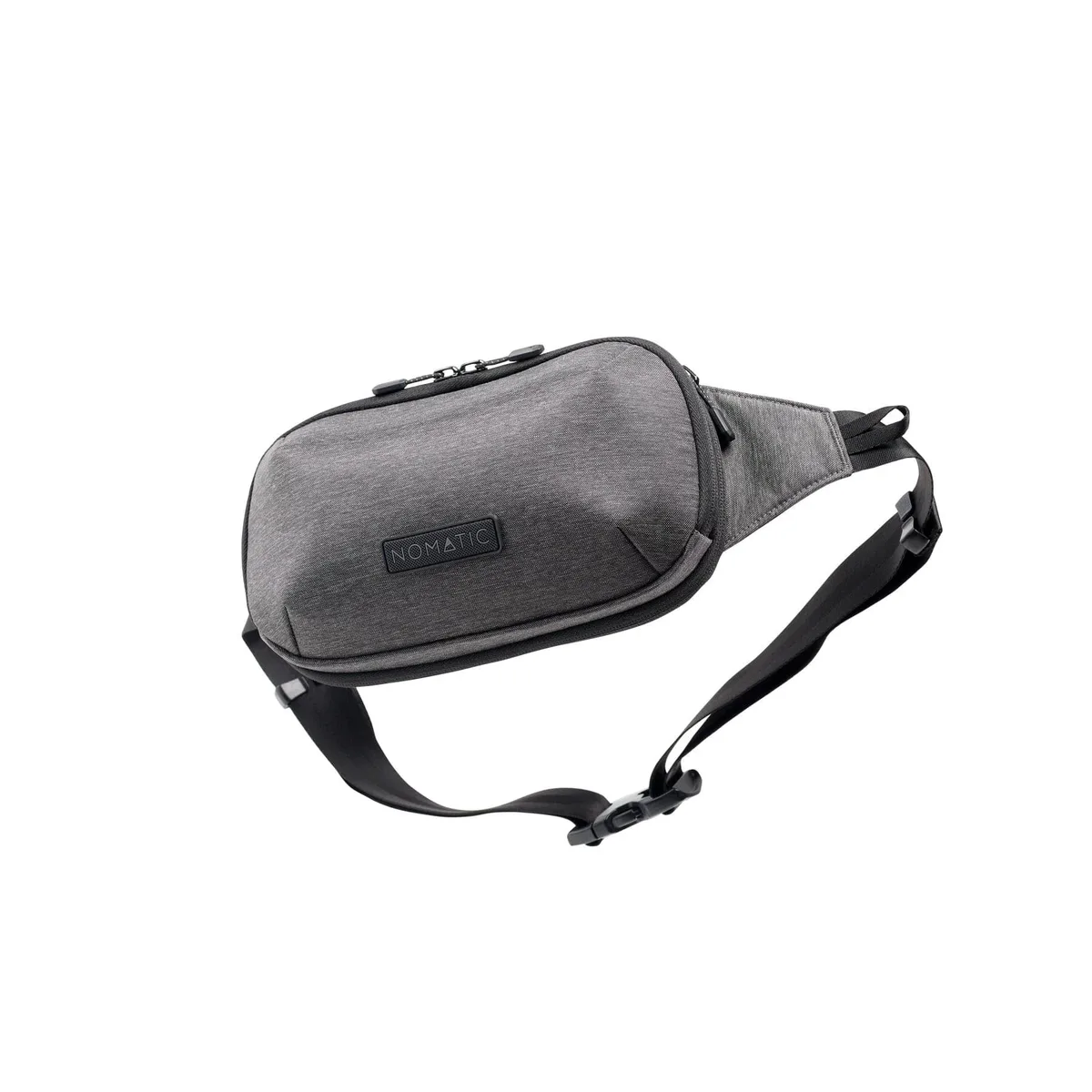 Grey compact sling bag with adjustable strap, minimalist nylon finish, front zip pocket visible