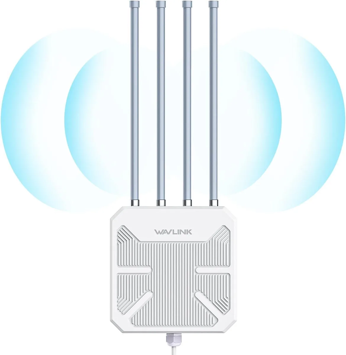 White rectangular outdoor WiFi 6 extender with four tall fiberglass antennas and IP67 enclosure