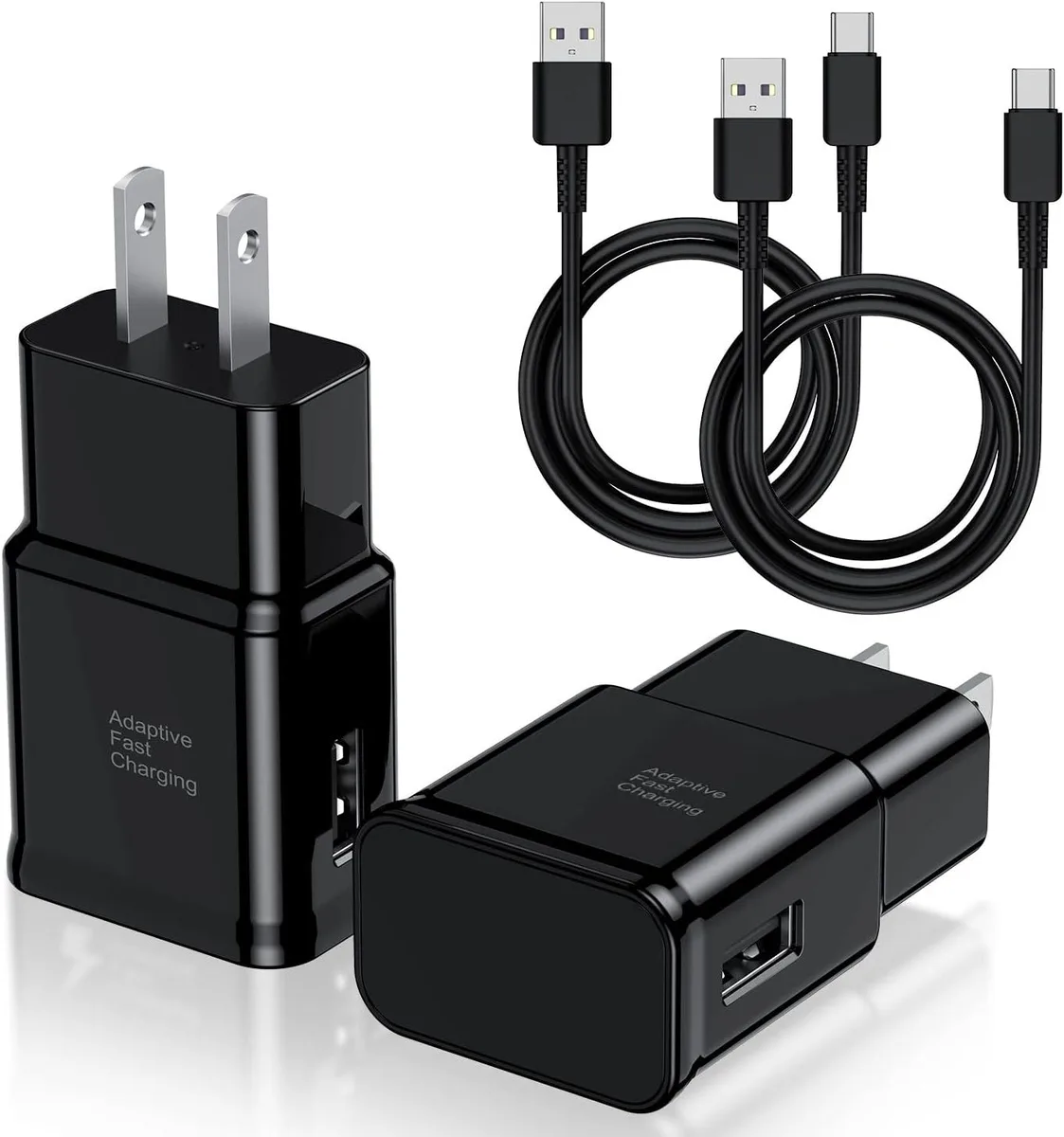 Two white USB-C wall chargers and two long cables